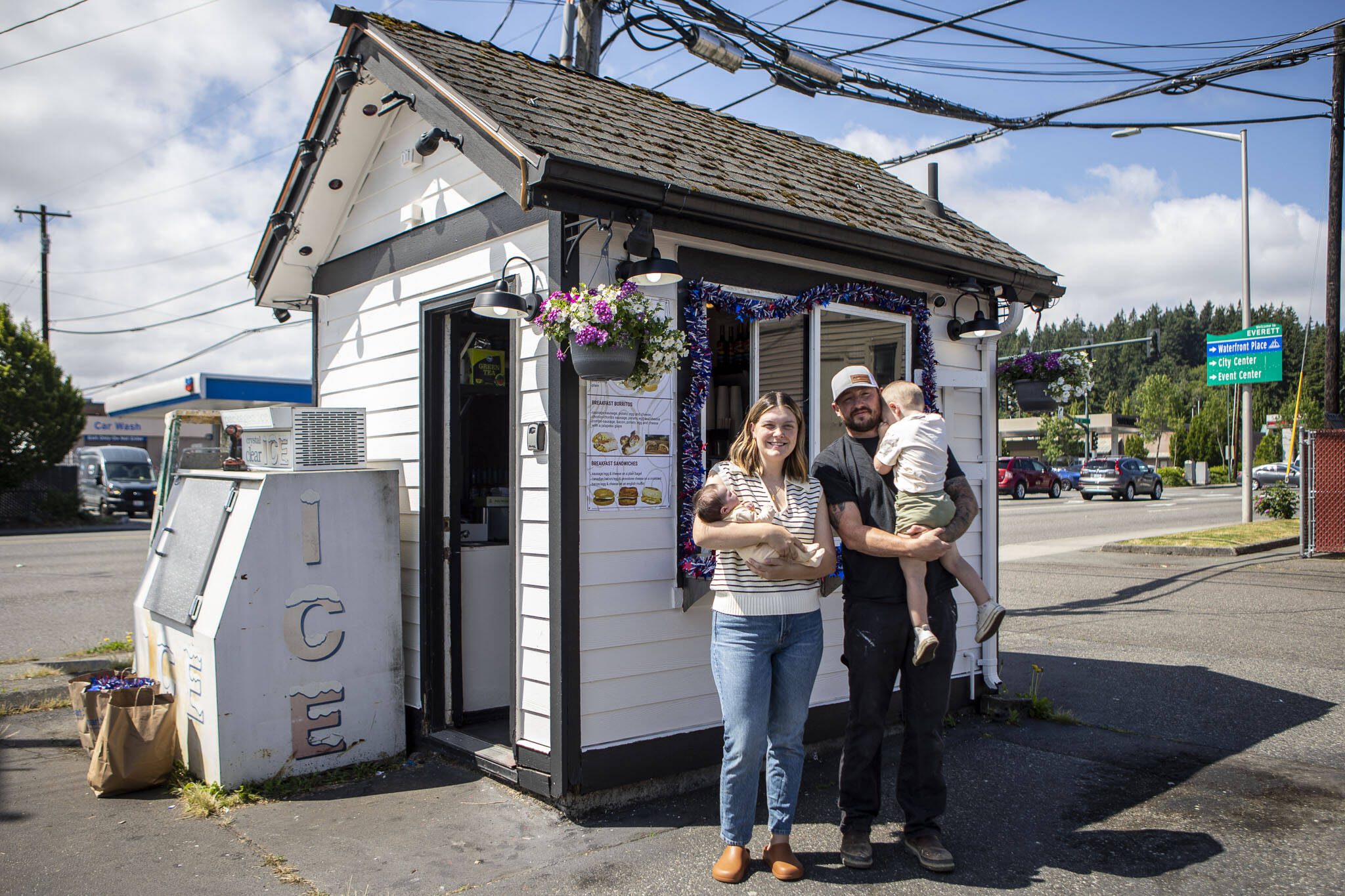 Left to right, the McCaffery family including Ruby, Chellce, Tyler and Jay pose for a photo at Ruby's Espresso in Everett, Washington on Tuesday, July 2, 2024. (Annie Barker / The Herald)