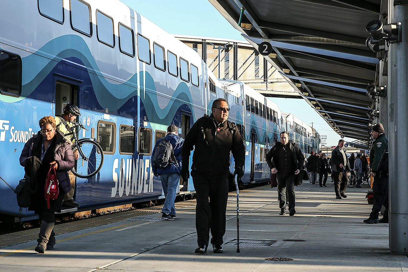 The Sounder commuter train at Everett Station Wednesday evening on October 9, 2019.   (Kevin Clark / The Herald)