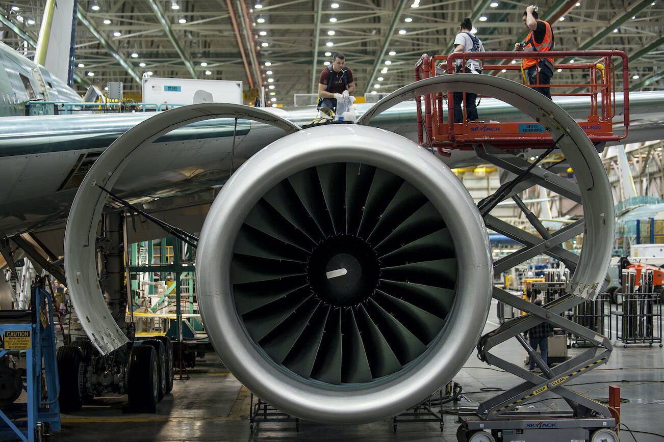 An engine on a Boeing 767 aircraft, at a Boeing facility in Everett in 2012. (Stuart Isett / The New York Times)