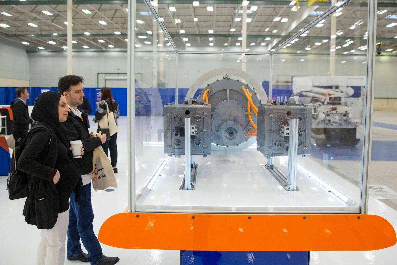 A hydrogen-powered motor is displayed during an event at ZeroAvia’s new Everett facility on Wednesday, April 24, 2024, near Paine Field in Everett, Washington. (Ryan Berry / The Herald)